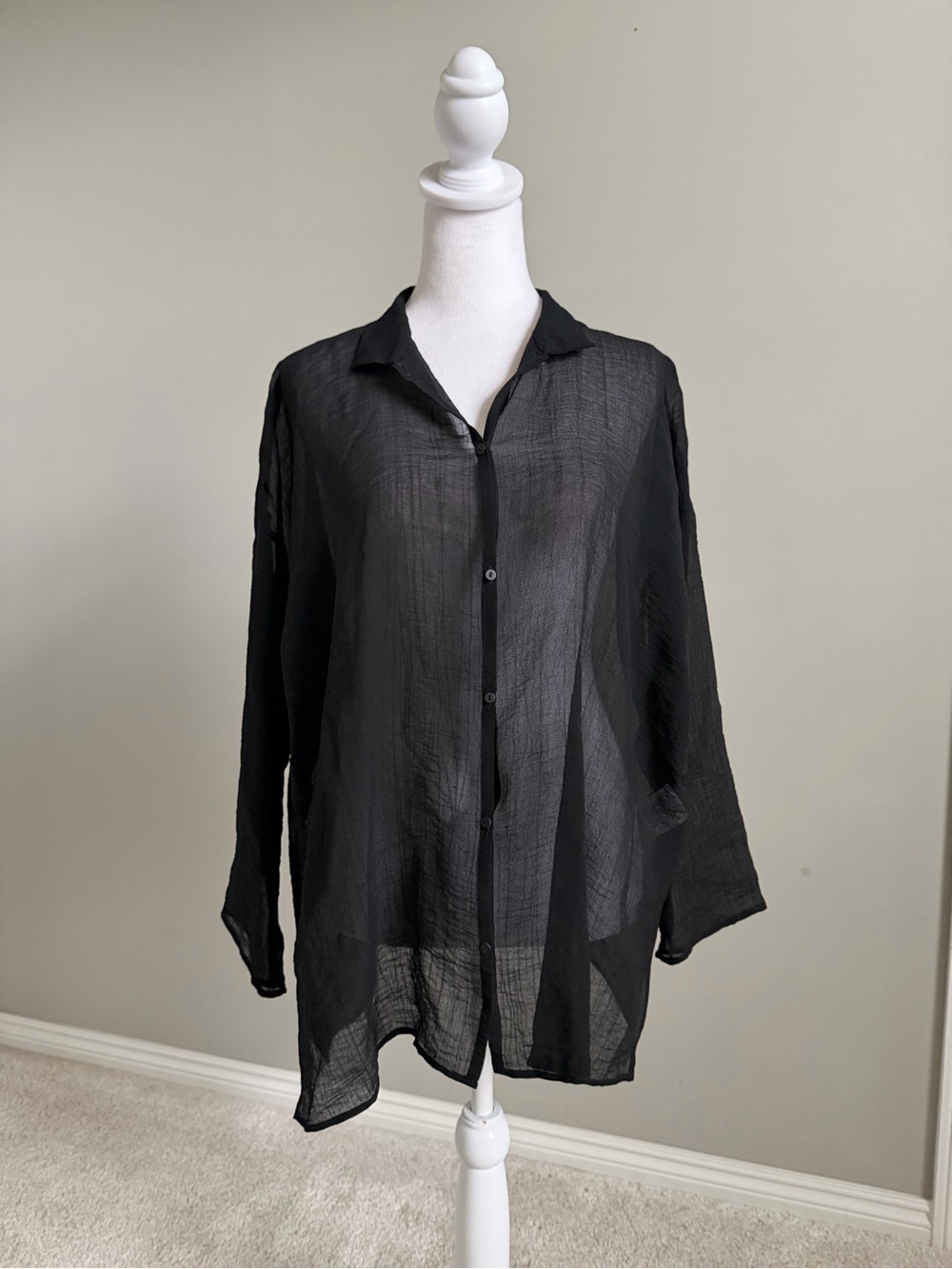 Eileen Fisher Black Sheer Button-Down Blouse